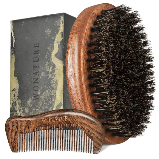 Wonature Boar Bristle Beard Brush Set with Wooden Sandalwood Comb & Travel Pouch Ð Beard Grooming, Styling & Detangling Travel Kit - Men's Beard Care Tool Set with Gift Box for All Beard Types